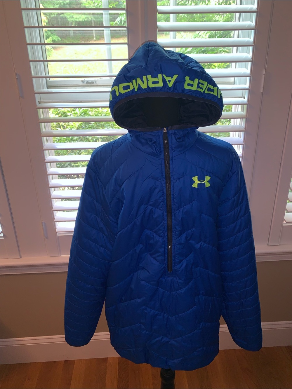 Under Armour Boys Blue Hooded Puffer Jacket with Neon Logo